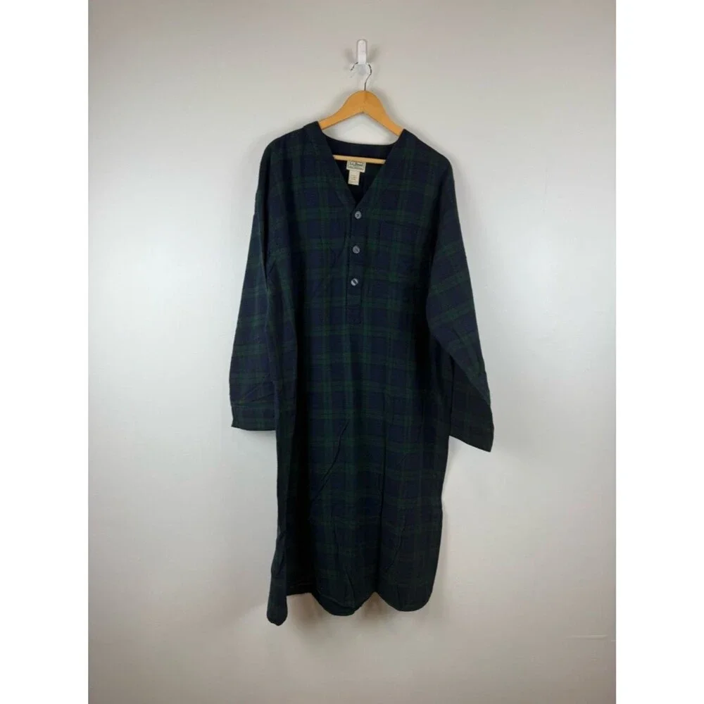 LL Bean Men's Size Large Vintage Plaid Flannel Nightshirt Green Black Watch